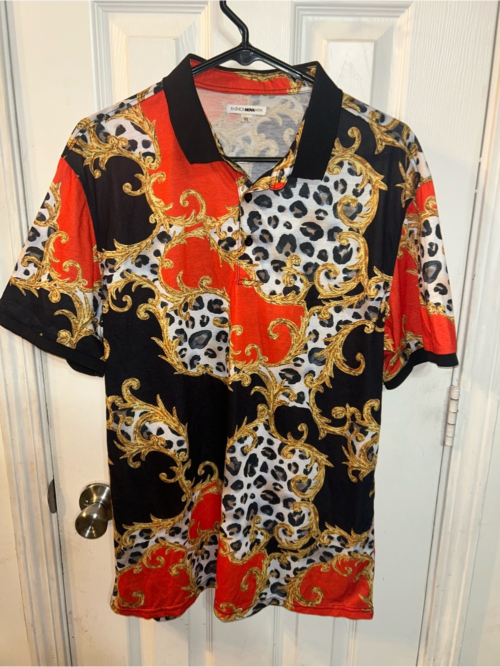 Fashion Nova Men's Black & Red Baroque Leopard Print Polo